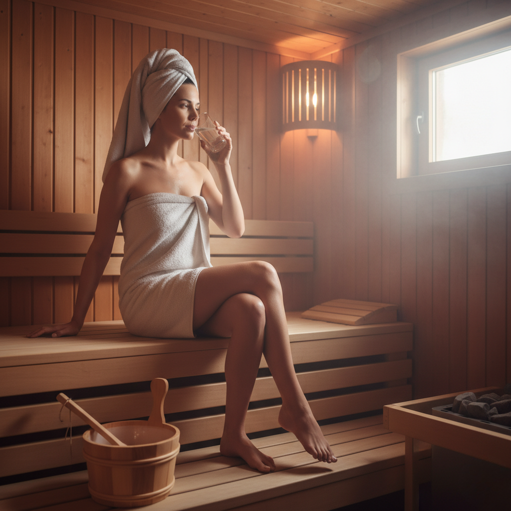 žena popíjející vodu v sauně